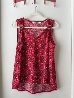 CURE. Red Printed V-Neck Tank with Ring Shoulder Accents